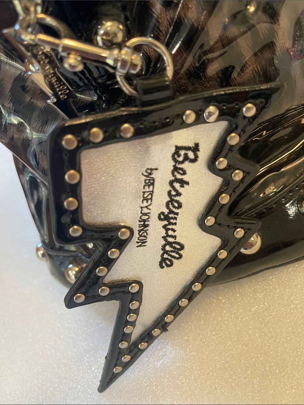 Betsey Johnson Black Patent Satchel with Silver Accents Betseyville - Picture 4 of 16